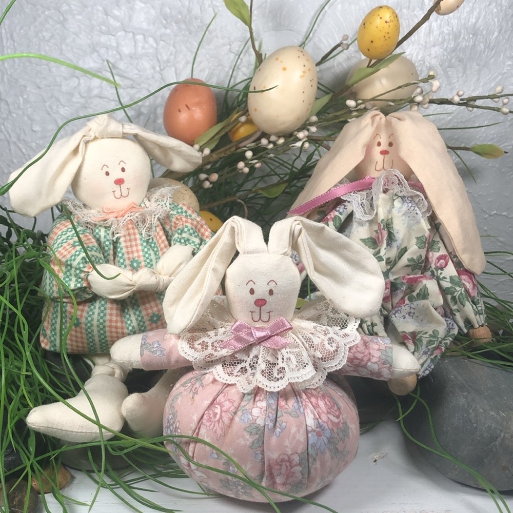 Bunny Rabbit Doll Set Shelf Sitters Easter Farmhouse Country VTG Mini Bunny Doll - Picture 1 of 14